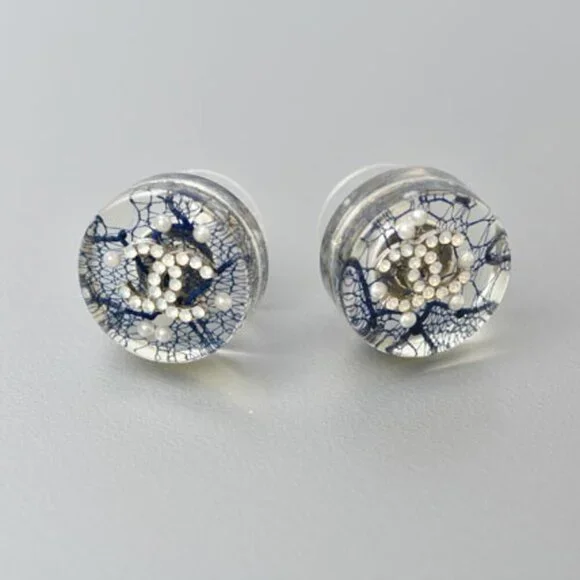 CHANEL Authentic Blue Pearl Logo Earrings
